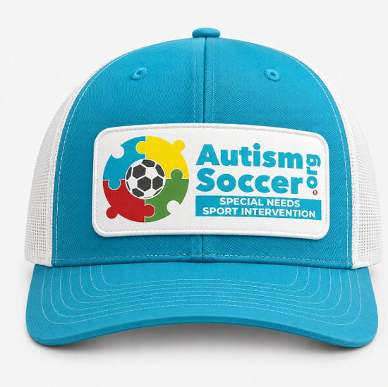 Autism Soccer Mesh Trucker Hat -Baby Blue-White